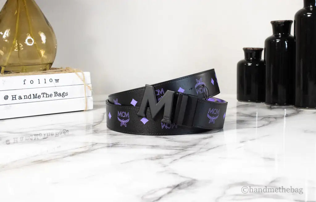 MCM Smooth Visetos Logo Dahlia Purple Leather Adjustable Reversible M Buckle Belt Trendivo