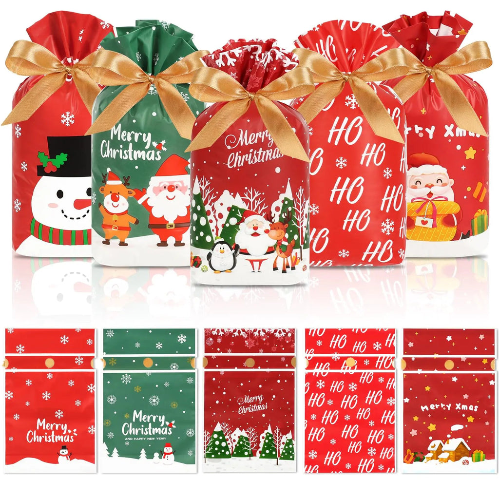 HRX Package 50pcs Christmas Treat Bags Drawstring 5.8x9x2.4inch Holiday Goodie Bags Small Christmas Gift Bags for Candy Cookie gift giving Stylio