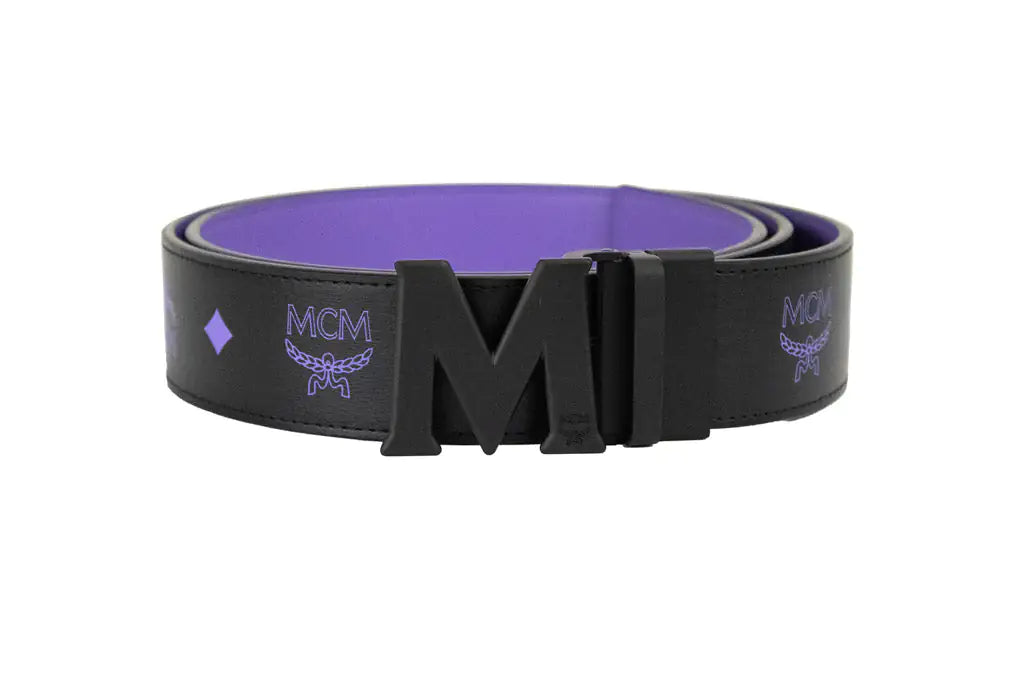 MCM Smooth Visetos Logo Dahlia Purple Leather Adjustable Reversible M Buckle Belt Trendivo