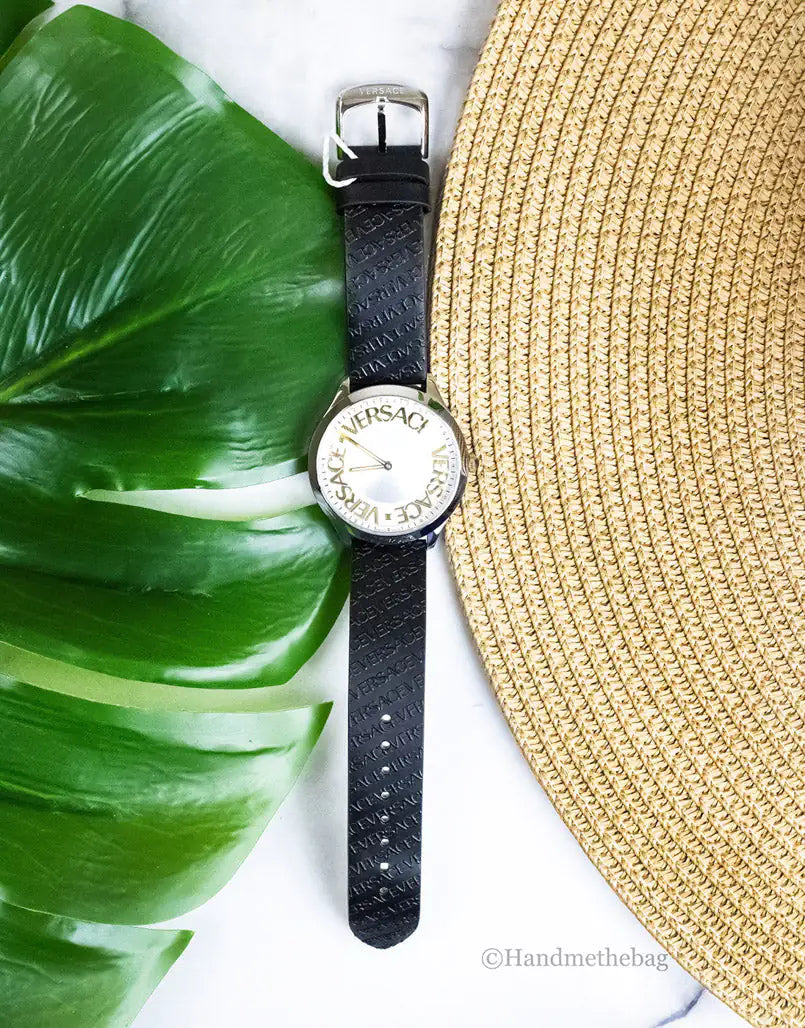 Versace 38mm Silver Logo Halo Dial Embossed Leather Watch Trendivo